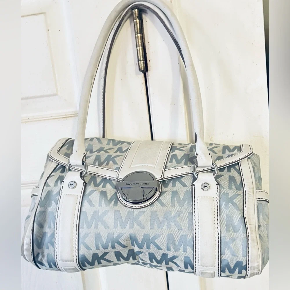 Michael Kors Baby Blue and White Monogram Canvas Leather Shoulder Handbag